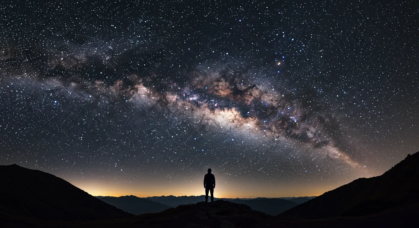 満天の星空の下、広大な銀河の中心を見上げている一人の人物の後ろ姿
