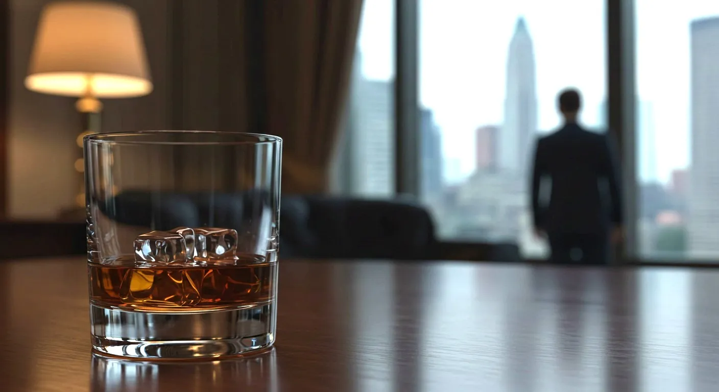 酒のアップ。後ろに、物思いにふける男性の後ろ姿